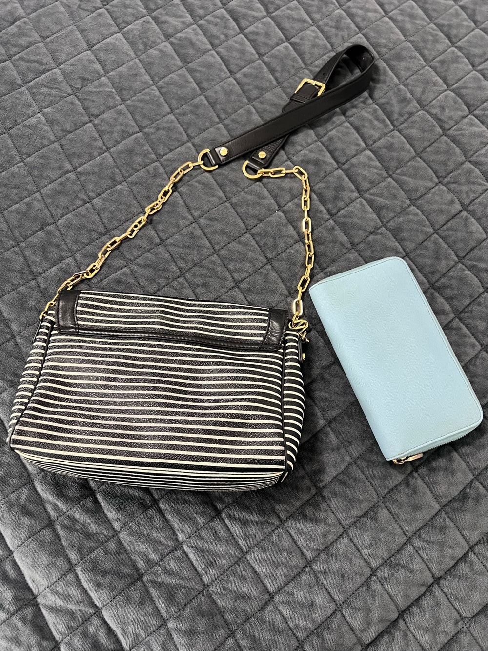Tory Burch Crossbody Bag Purse Viva Striped & Wallet Black Leather Chain Strap - Picture 6 of 16